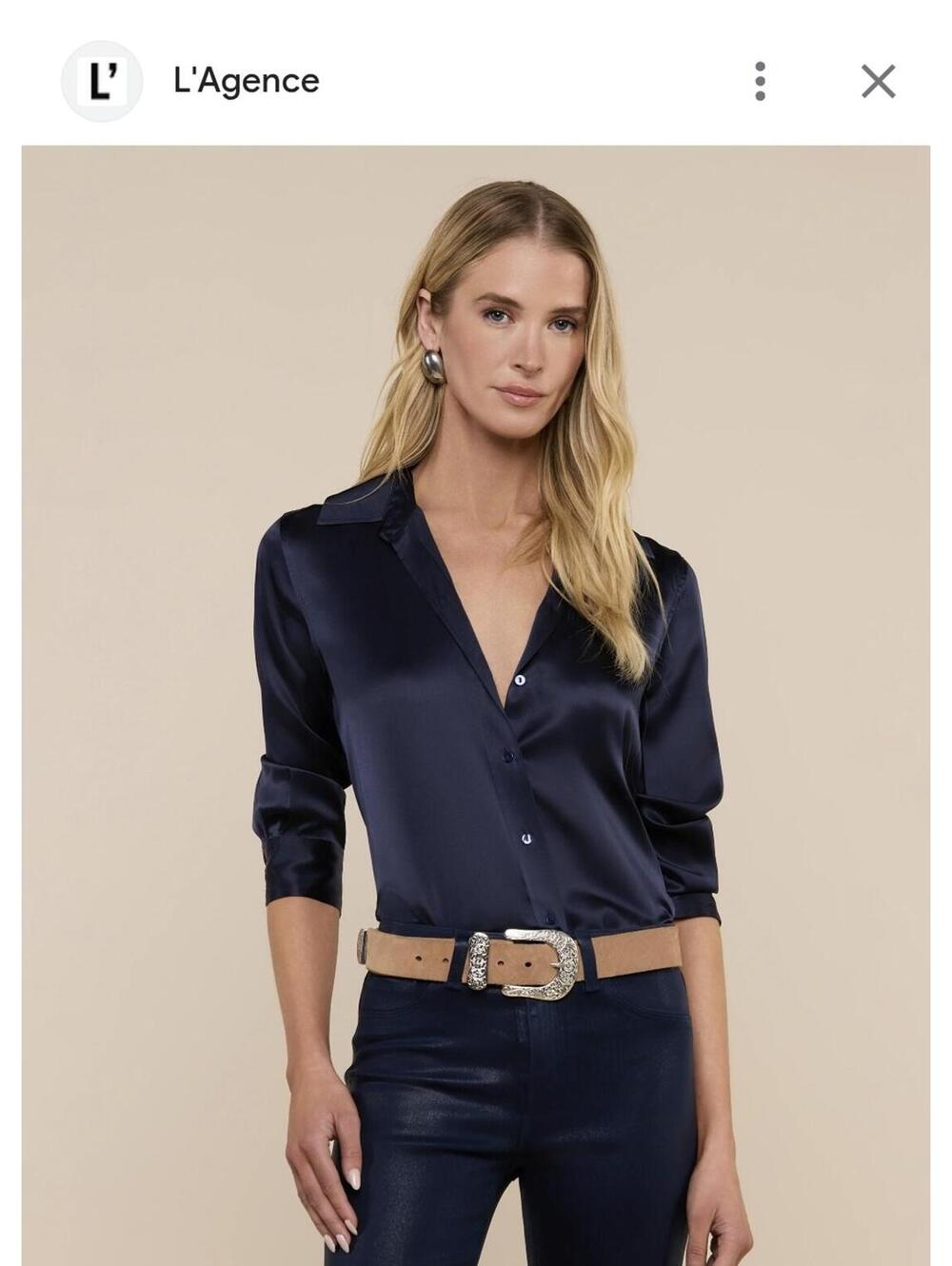 L'AGENCE Navy Satin Button-Up Blouse